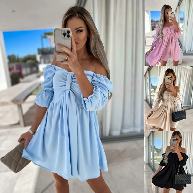 

Dresses Sexy Off Shoulder summer new short skirt one word shoulder high waist dress women Elegant Chest Vestidos