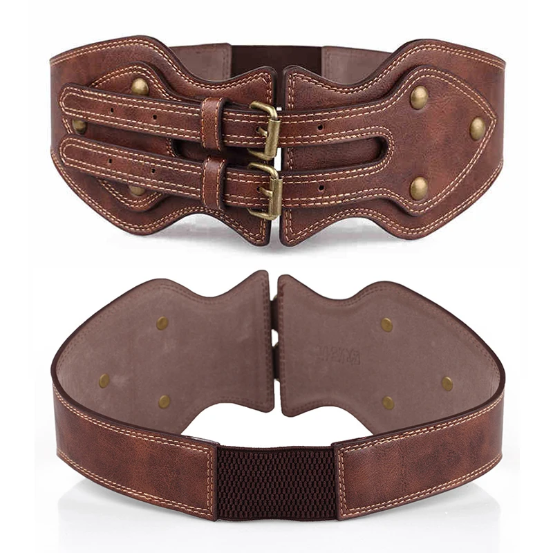 

Fashion Women Belt Crazy Horse PU Leather Double Pin Buckle Women's Elastic Wide Belt All-match Women's Coat Girdle Luxury Brand