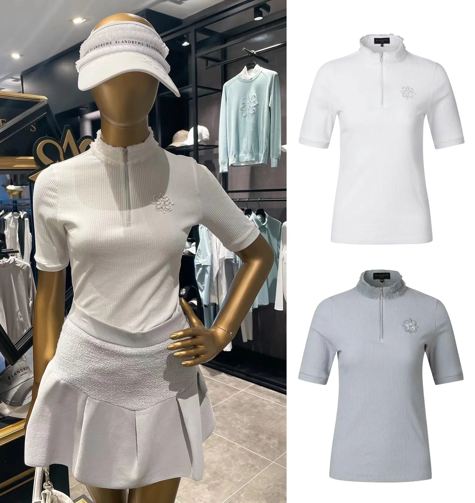 

Golf Shirts Women's Threaded Cotton Short Sleeve Half Zip High Collar Golf Top Elastic Slim Fit Style