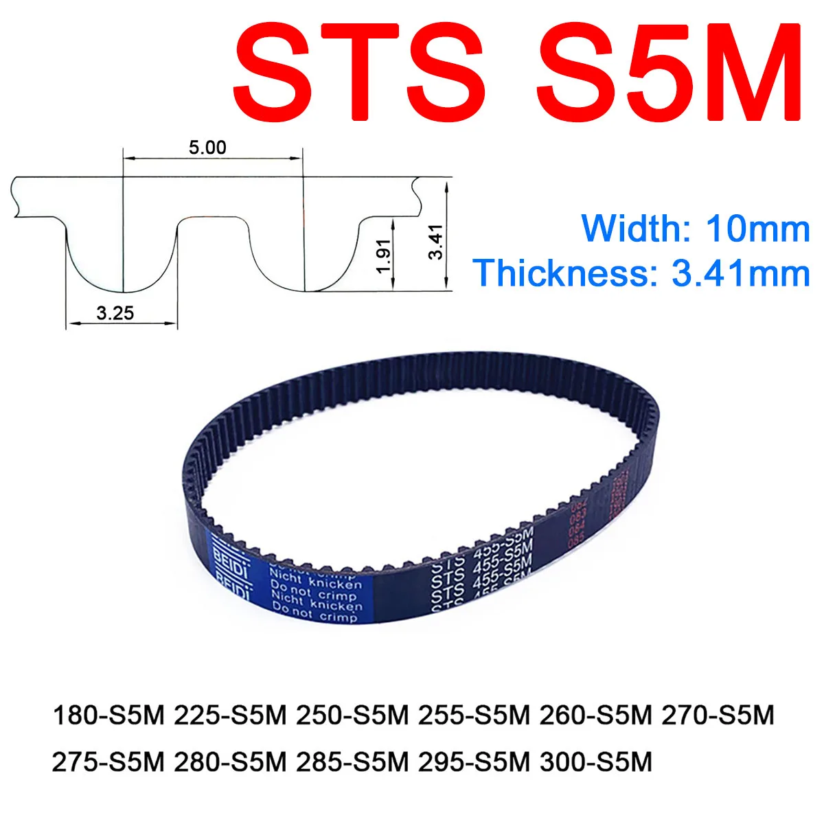

1Pc Width 10mm S5M Rubber Arc Tooth Timing Belt Pitch Length 180 225 250 255 260 270 275 280 285 295 300mm Synchronous Belts