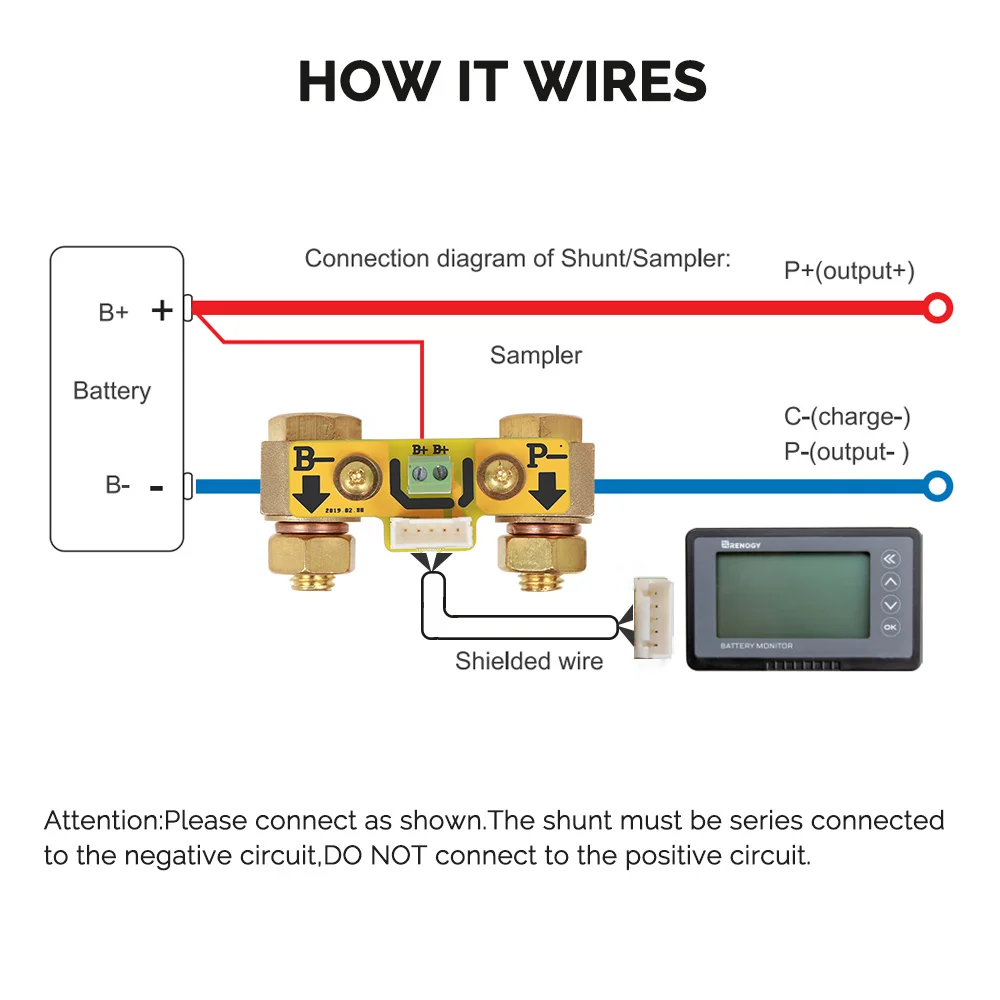Монитор аккумулятора Renogy 120 А с шунтом программируемый сигнал высокого и низкого