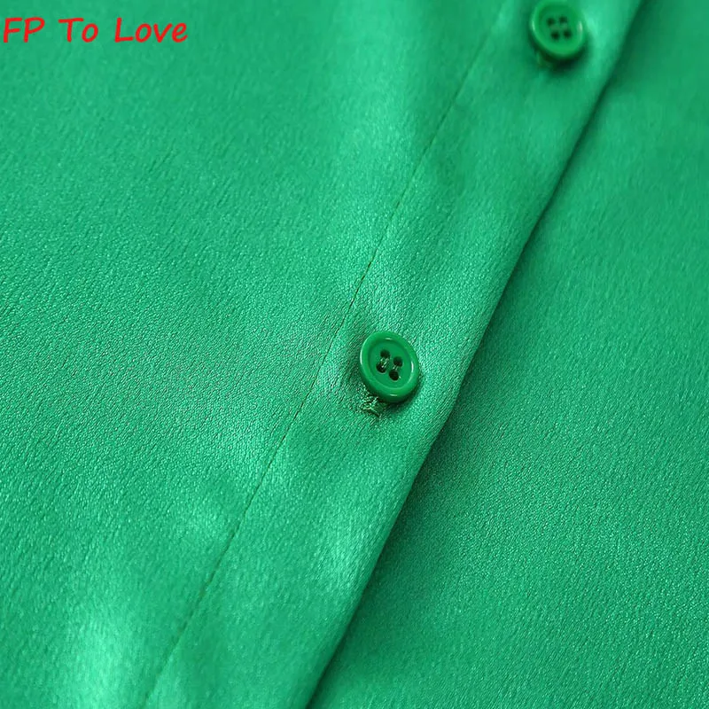 Элегантная Зеленая атласная рубашка с коротким рукавом ярко-голубая однобортная