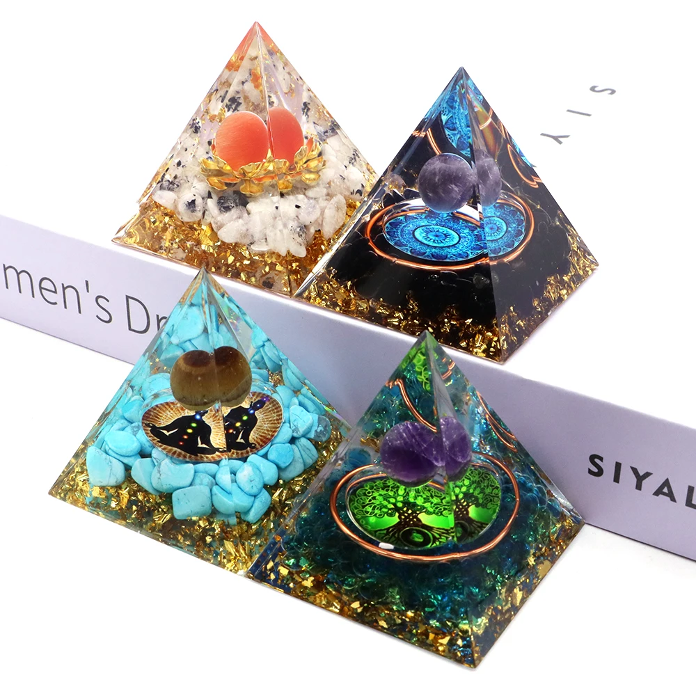Pyramid Orgonite Peridot Amethyst Reiki Healing Crystal Chakra Resin Meditation Tool Room Decor