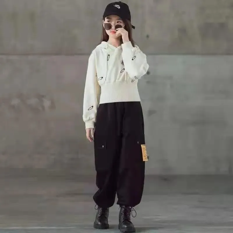 

Детский спортивный костюм, футболка с капюшоном и брюки-карго с широкими штанинами для девочек и подростков, на возраст 5, 6, 7, 10, 11, 12 лет, Осен...