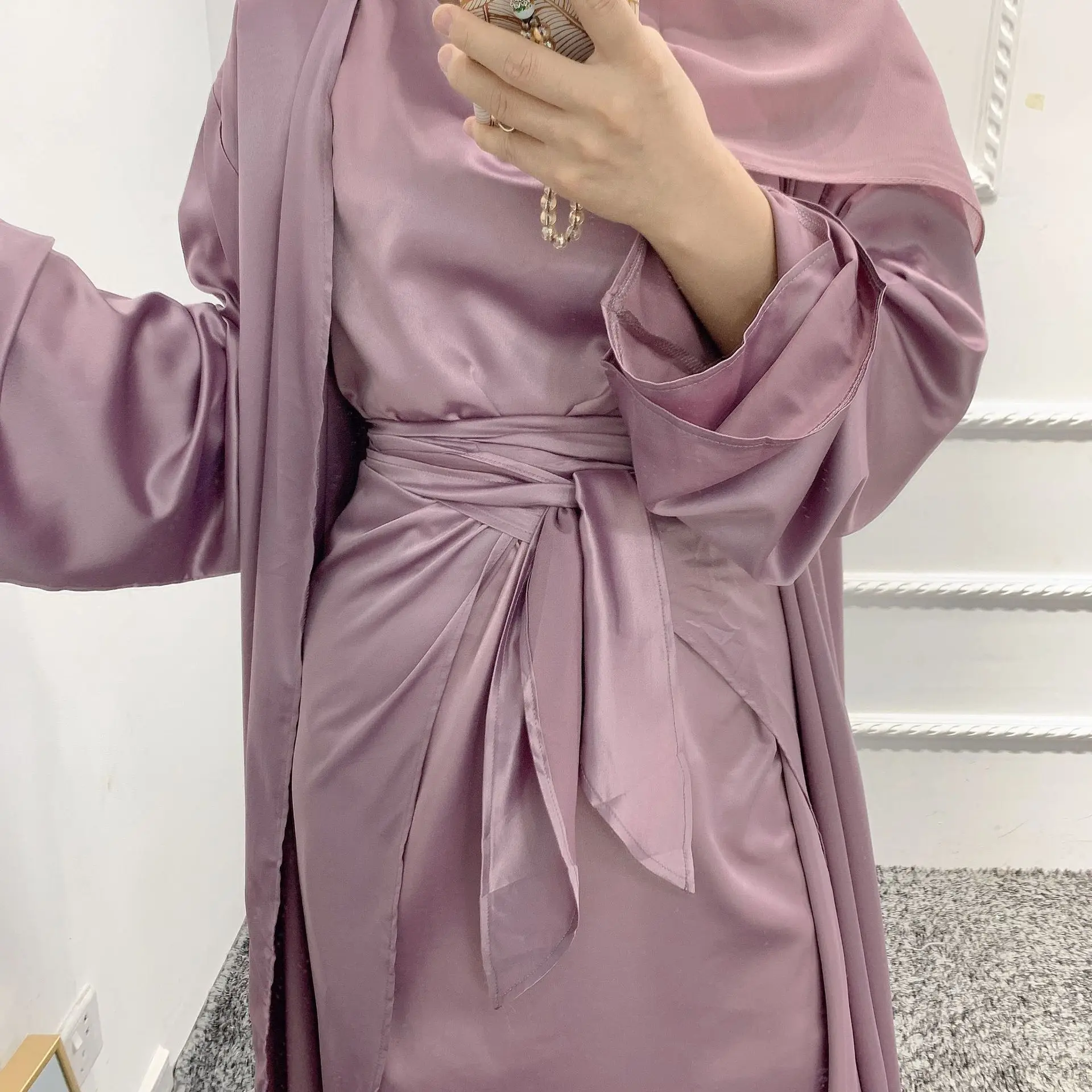 3 Piece Silky Abaya Set Plain Matching Outfit Women Muslim Fashion Dubai Saudi Modesty Open Kimono Long Dress Wrap Skirt Turkey