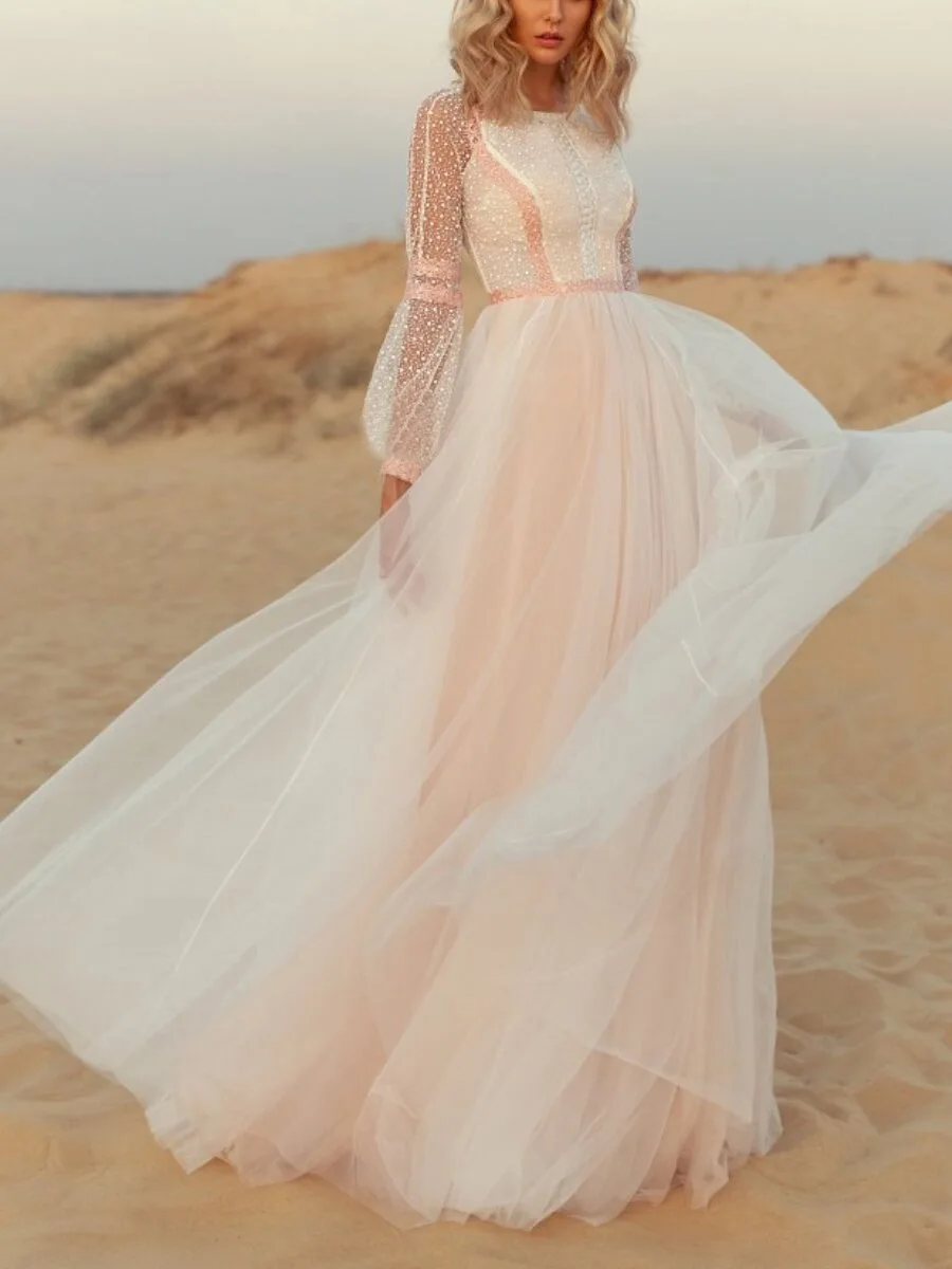 Fashion Sexy Lace Perspective Wedding Dress Long Sleeve Slim Dress Elegant Party Dress