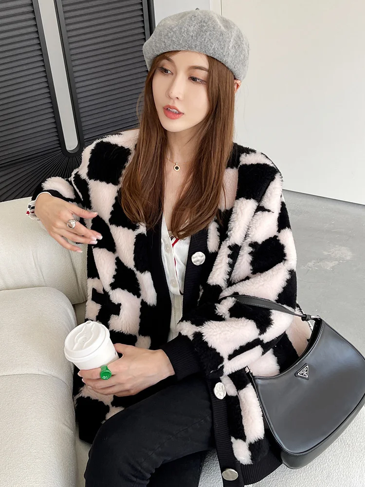 Plaid Plush Coat Women 2022 Fashion Lamb Wool Mid-length Korean Chic Lady Sheep Shearling Coat Winter Casual Warm Fur Jackets