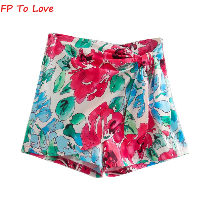 

FP TO LOVE French Retro 2022 Summer Print High Waist Apron Culottes Casual Straight Pants Chic Lace Up Shorts Women