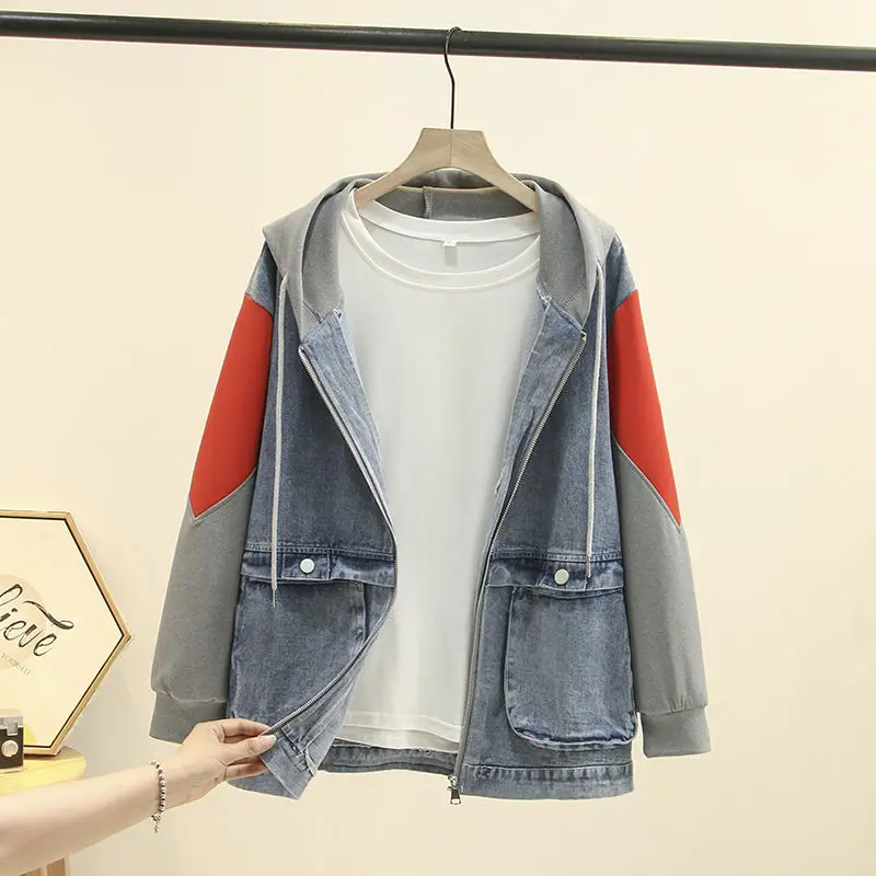 

High-quality Fake Two-piece Hooded Denim Jacket Women Korean Loose Wild 2022 Autumn Winter New Patchwork popular coats Q386