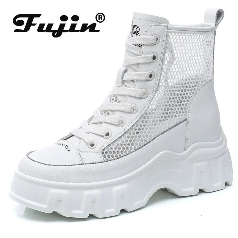 

Fujin 7cm Air Mesh Genuine Leather Platform Wedge High Brand Breathable Summer Chunky Sneaker Ankle Mid Calf Boots Fashion Shoes