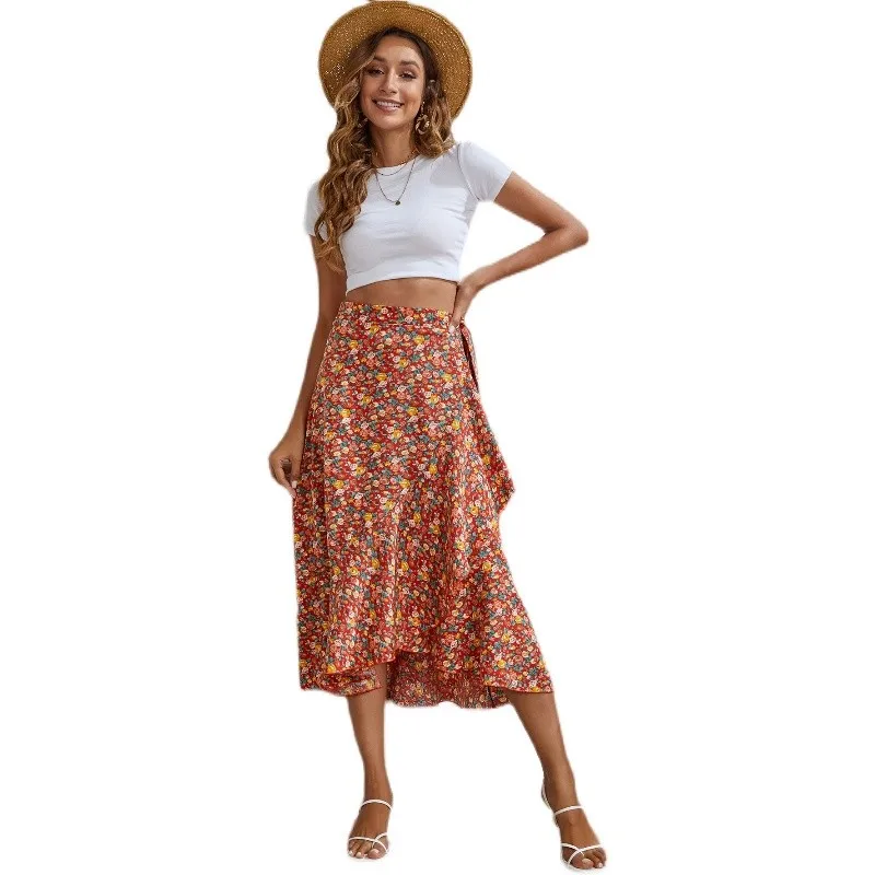 

New Women Casual Cotton Boho Floral Print High Waist Long Pleated Maxi Skirts