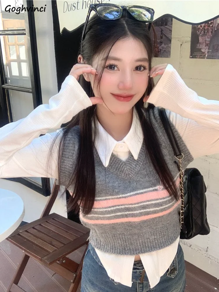 

Женский полосатый вязаный жилет с вышивкой, модный приталенный свитер в Корейском стиле Ulzzang для студентов, подходит ко всему