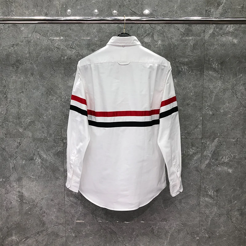 TB THOM Men's Shirt Korean Style Transversed Chest RWB Stripe Blouses Fashion Brand Office Formal Slim Fit Dress Solid Shirts