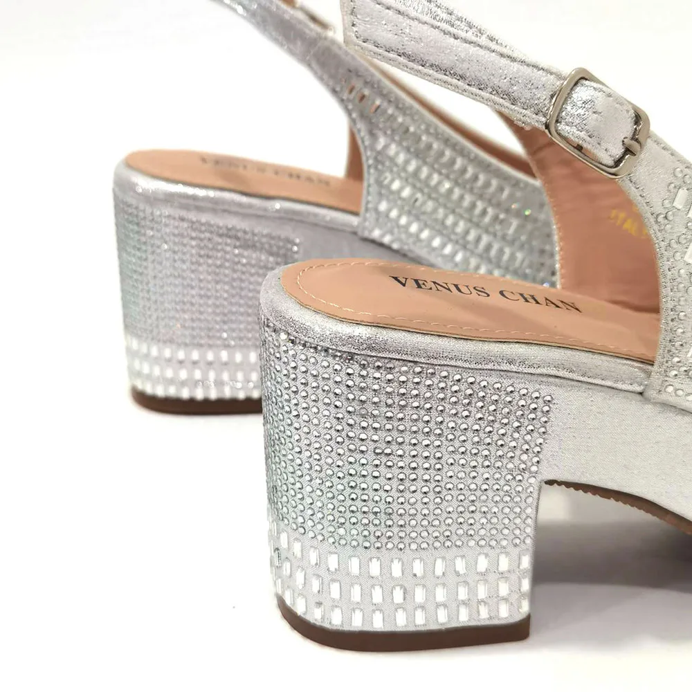 Venus Chan Latest Summer Women's Shoes Platform Heels Italian Design All Diamond Silver Evening Shoes and Bags Matching Set 2023