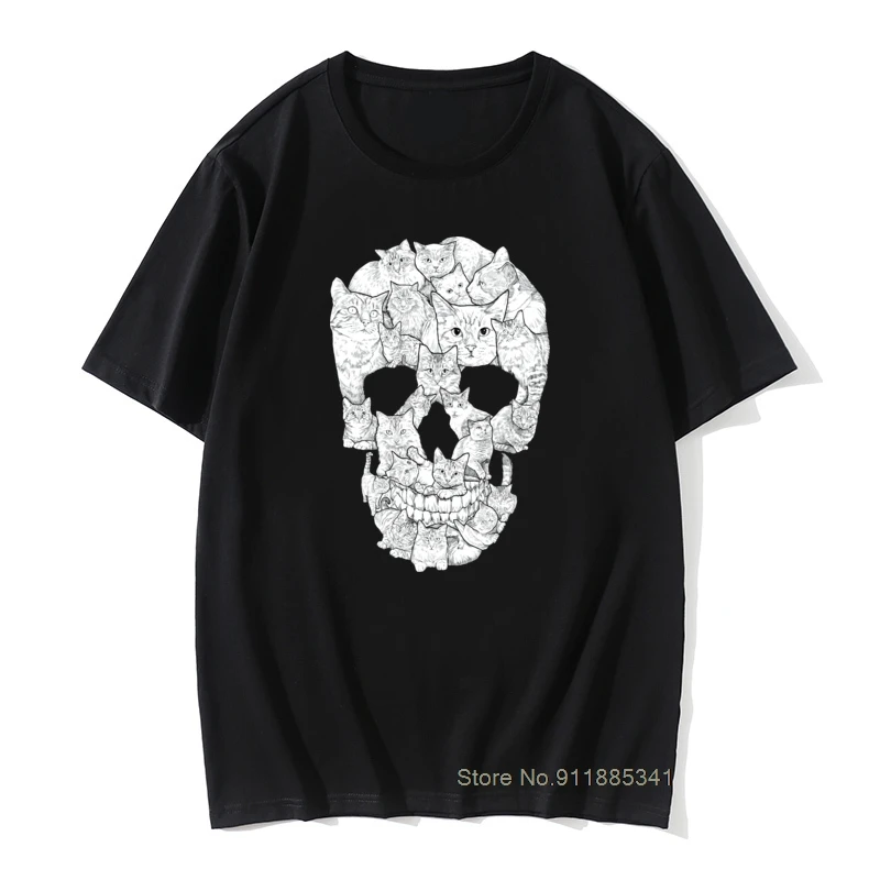 

Cat Skull Horror Skull T Shirt Man 3XL Tops Popular T-Shirt Crew Neck Cotton Tee Shirts Halloween Gothic Tops Tee For Adult