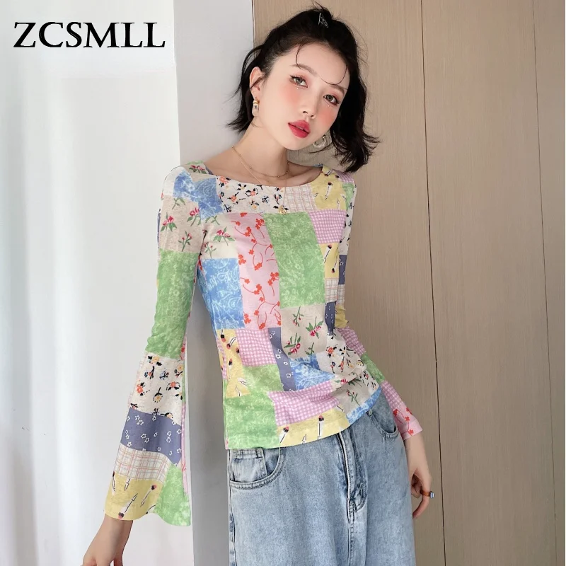 

ZCSMLL Color Block Boat Neck Long Sleeve Tees Flare Sleeve Top Korean Fashion Kawaii T Shirt Women Designer Aesthetic Clothes