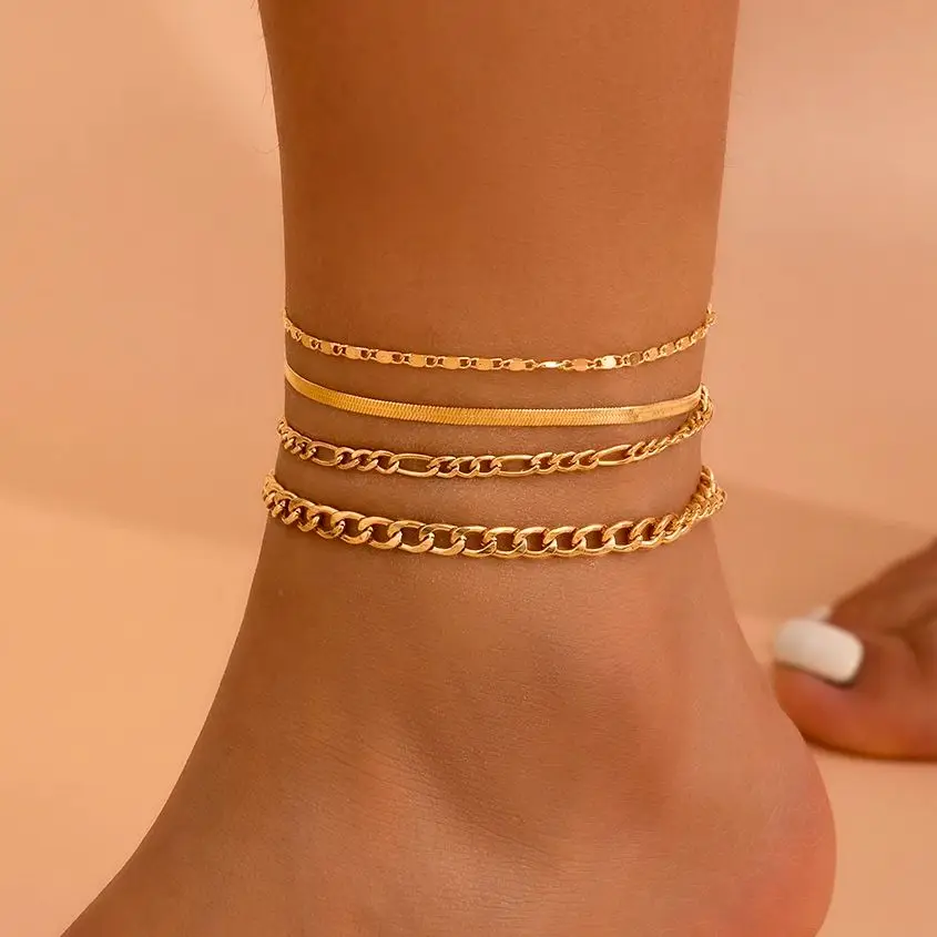 SHIXIN 4 Упаковки Металлические Ножные Браслеты В Стиле Панк Золотого Тона