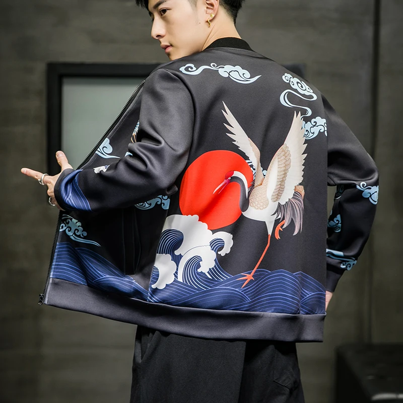 

Мужская модная куртка MrGB Crane в китайском стиле с графическим принтом, новинка 2022, винтажное Мужское пальто оверсайз, Повседневная Свободная ...