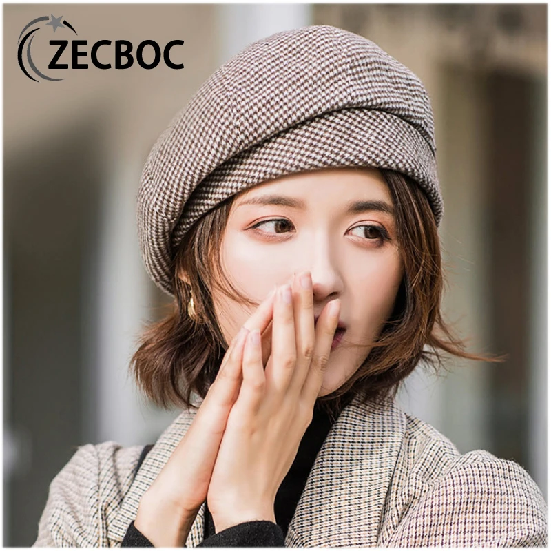 

Simple Women Beret Plaid Vintage Octagonal Casual Autumn Girl Cap Wool Beret For Elegant Lady Winter Female Painter Hats Cotton