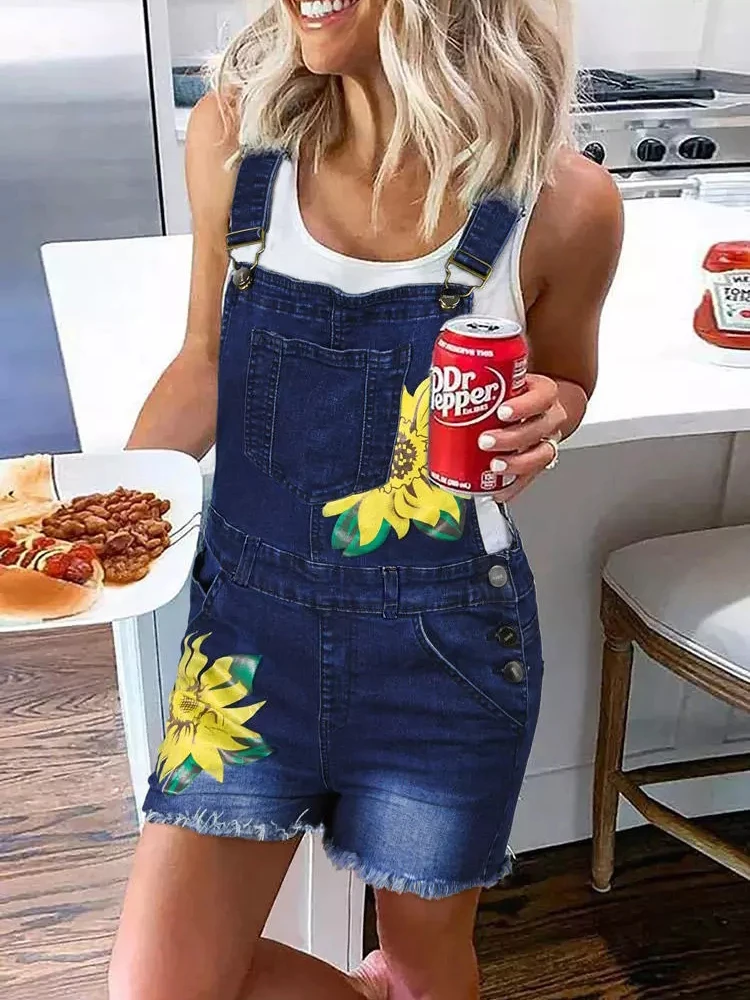 

New Sunflower Pocket Button Denim Overall Romper Blus As Mujer De Moda 2022 Summer Clothes For Women Elegant Hot Sexy
