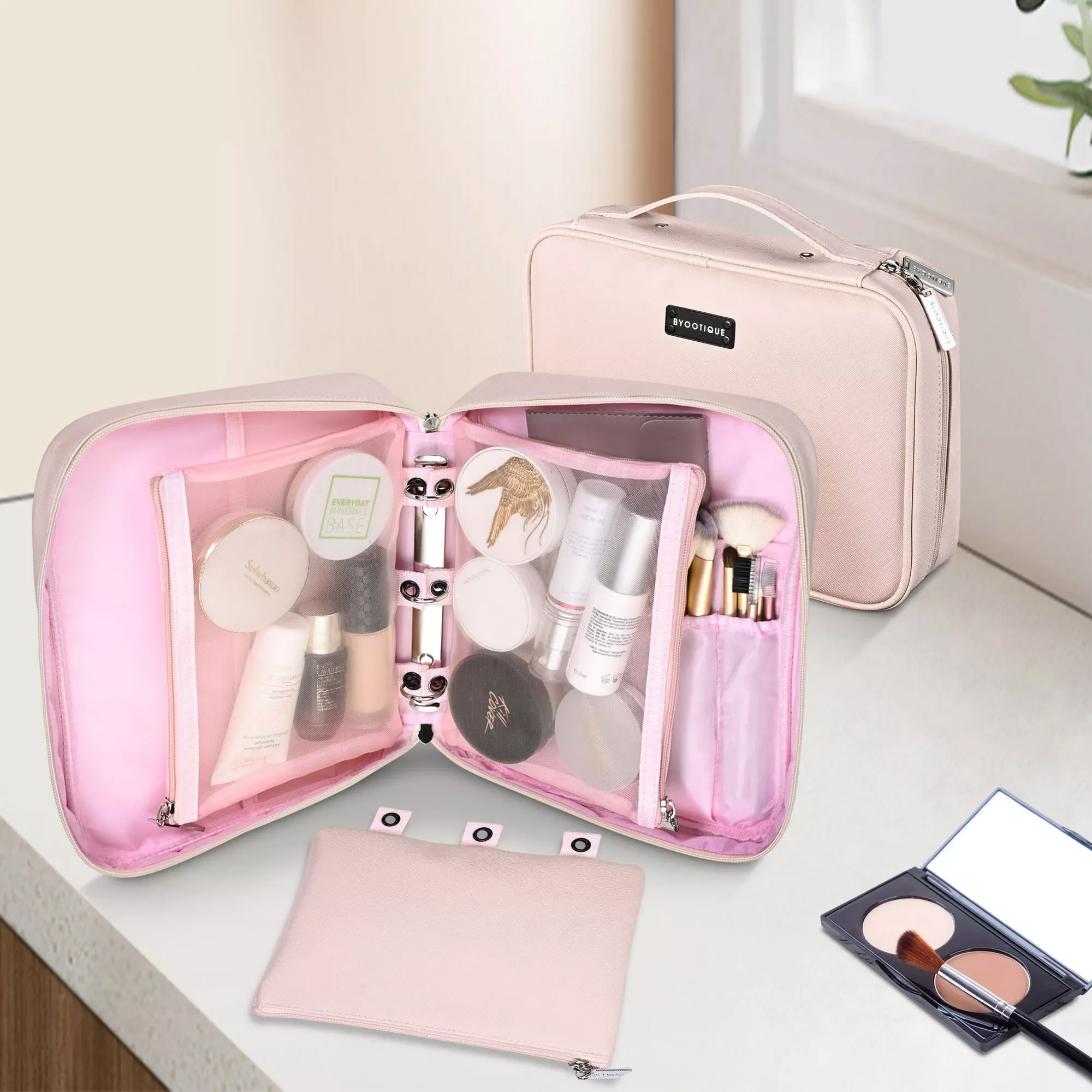 

Byootique Makeup Bag with 3 Removable Pouches Loose Leaf Binders Cosmetic Travel