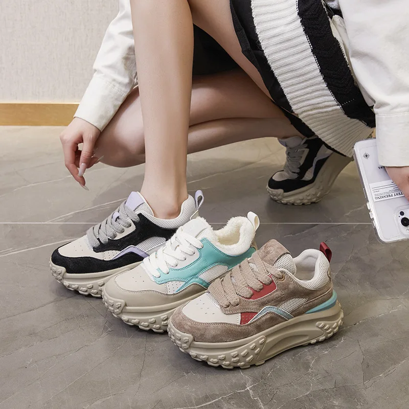 2023 New 6cm Genuine Leather Platform Mesh Breathable Sneakers Chunky Hidden Heel Mixed Color Women Spring Vulcanize Shoes