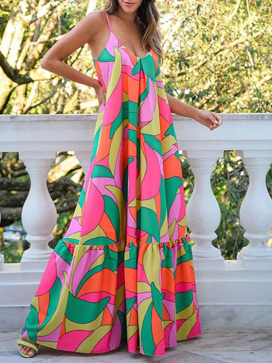 

New Fashion Women Summer Casual Long Dress Print V-Neck Sleeveless Backless Loose Dress Fashion Party Cami Dress S-2XL
