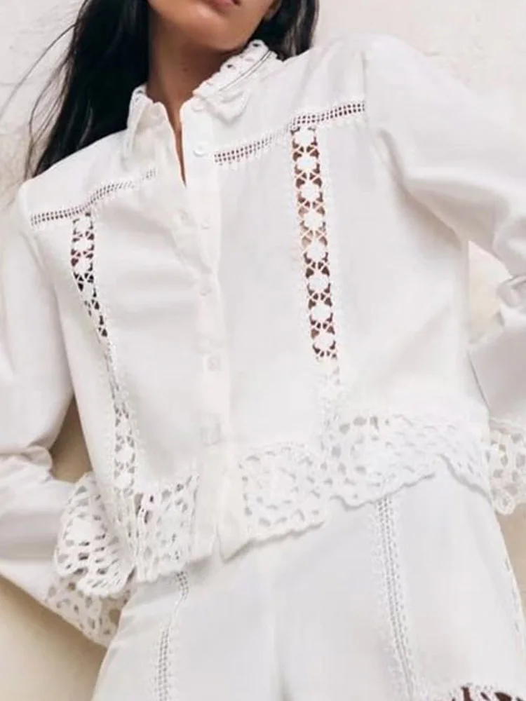Kumsvag 2022 Summer Women Casual Shirts Blouses Tops White Lace Hollow Out Loose Female Fashion Sweet Street Top Smock Blusas