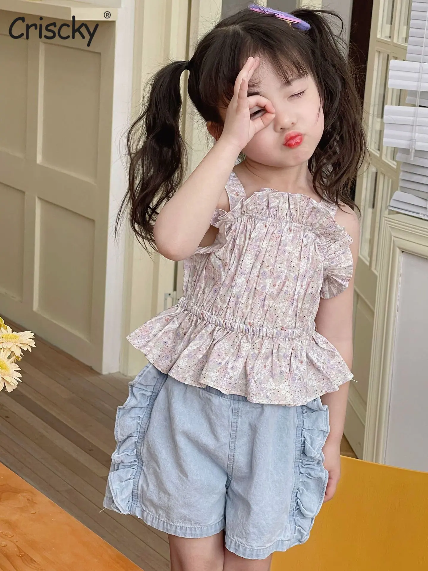 

Лето 2023, детская одежда для девочек, блузка с оборками и цветочным принтом для девочек, милые футболки, детские топы для детей