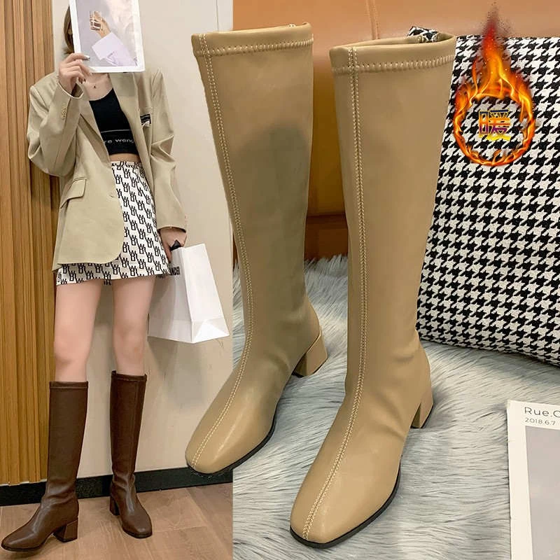 

2023 Fashion Women Black Block High Heels Long Boots New Winter Warm Knee High Boots Soft Leather Thigh High Boots Shoes New