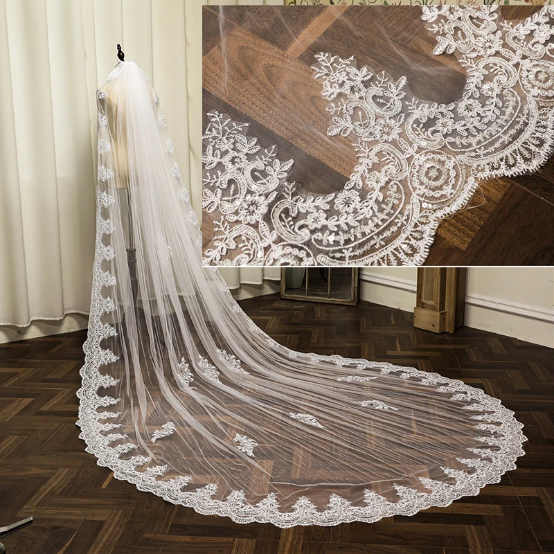 

Wedding Accessories White/Ivory Wedding Veil 350cm Long Lace Appliqued Metal Comb Mariage Cathedral Bridal Veil Veu De Noiva