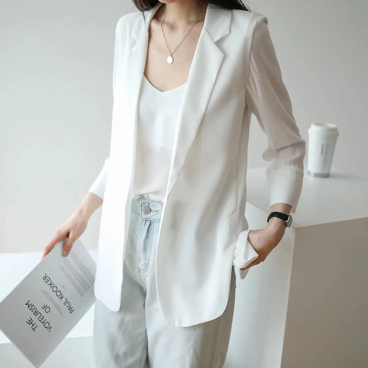 

Blazers Women Summer Sun-proof Notched Office Lady Elegant Simple Solid Korean Style Three Quarter Sleeve Ulzznag Chic Female