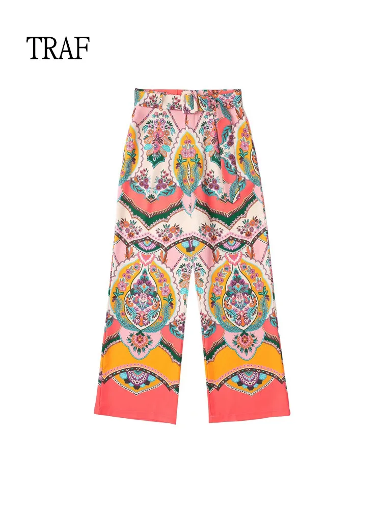 

Брюки TRAF женские с широкими штанинами, свободные штаны с принтом и поясом, шикарные прямые, с завышенной талией, с карманами, лето 2022