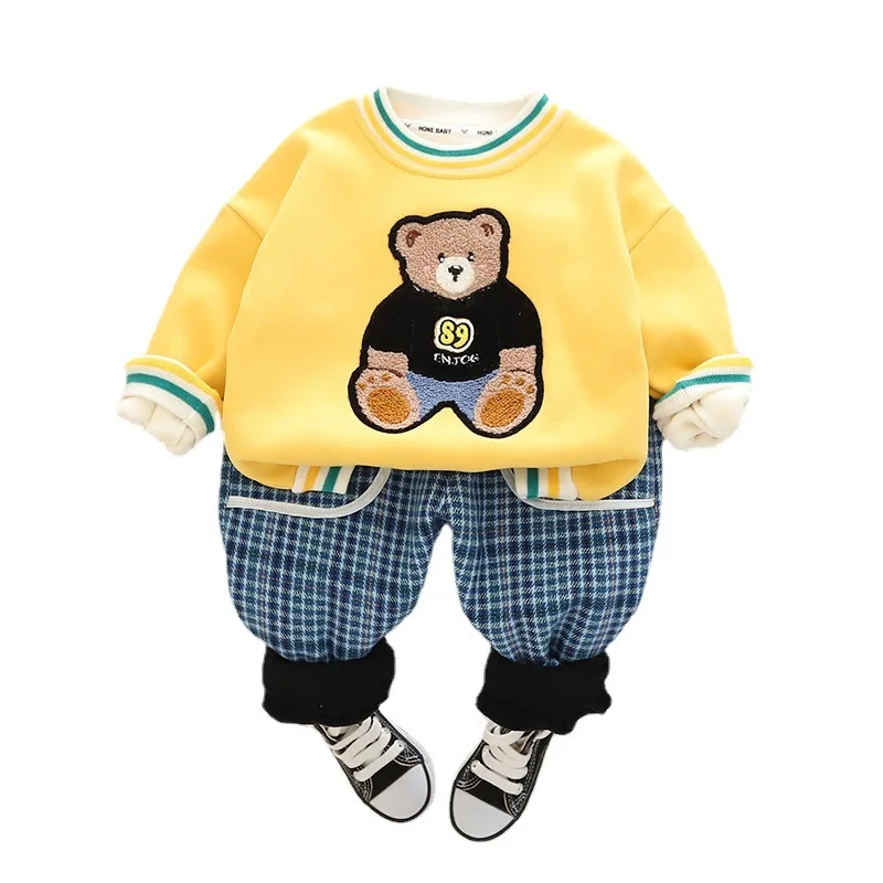 

Новинка, зимняя одежда для малышей, детская Толстая хлопковая футболка и штаны с мультяшным рисунком для мальчиков и девочек, 2 шт./компл., по...