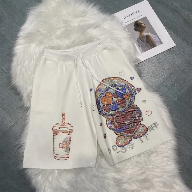 Shiny Rhinestones Pattern Sweater Shorts Elastic Waist Knitting Hot Pants For Summer Stretchy Sweater Short Pants Летние шорты