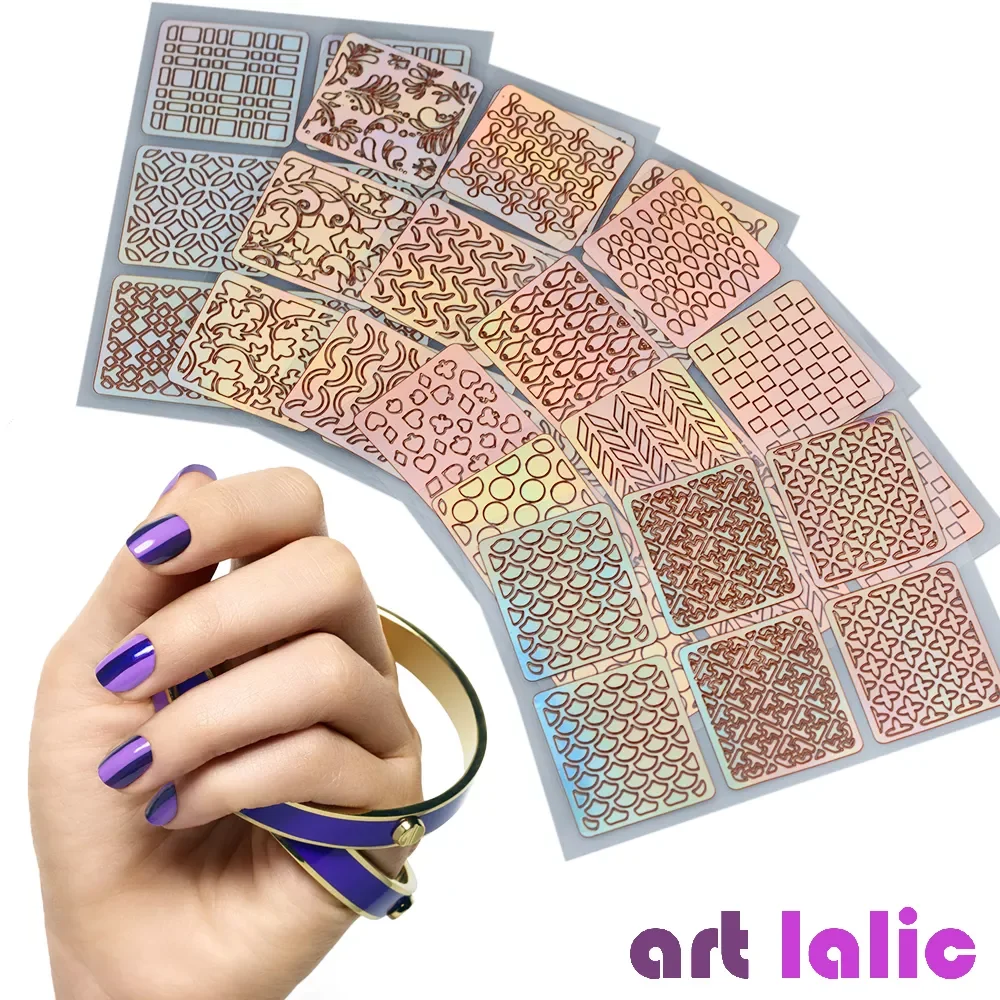 

Sheets Laser Nail Art Hollow Stickers Nail Vinyls 3D Image Transfer Guide Stencil Set Irregular Pattern Mixed Decals