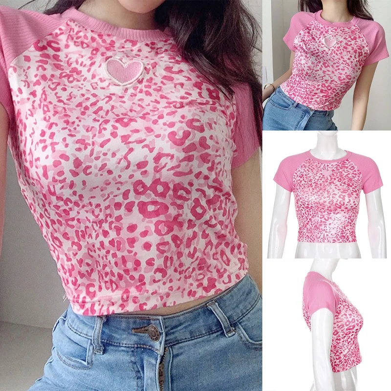 

Girl Patchwork Leopard Cropped Tops Fashion Sweet Cute T-Shirt Ladies Fashion Casual Crop Tops