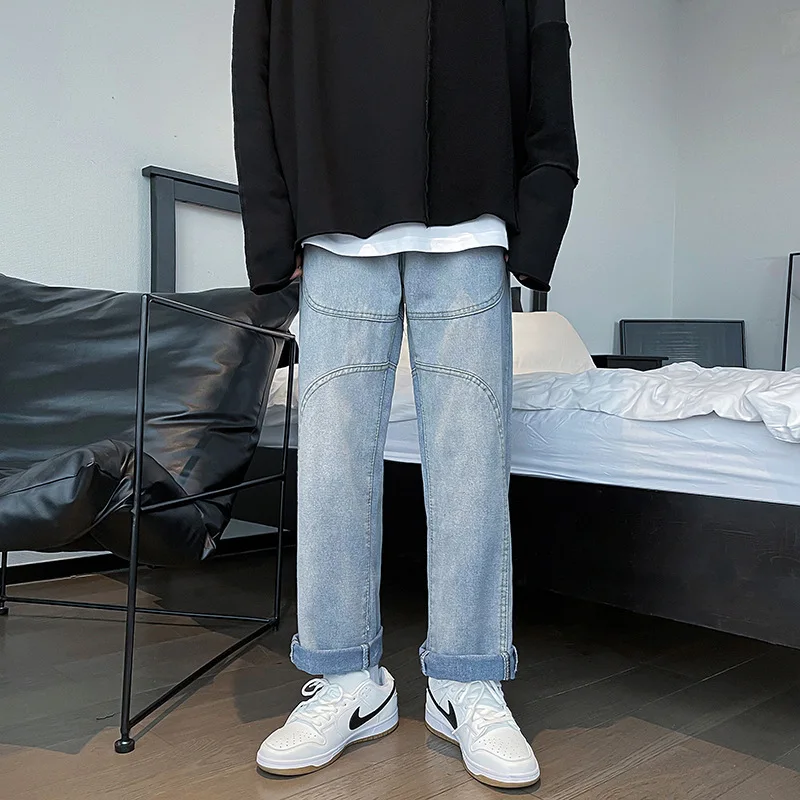 Spring and Autumn Men's Jeans Loose Wide Leg Straight Pants Hong Kong Style Casual Versatile Personality Long Pants