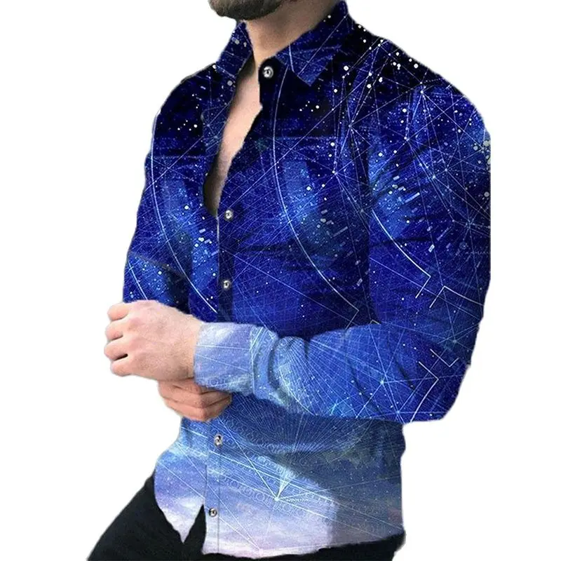 

Fashion Social Men Shirts Autumn Turn-down Collar Buttoned Shirt Casual Starry Sky Print Long Sleeve Tops Mens Clothing Cardigan