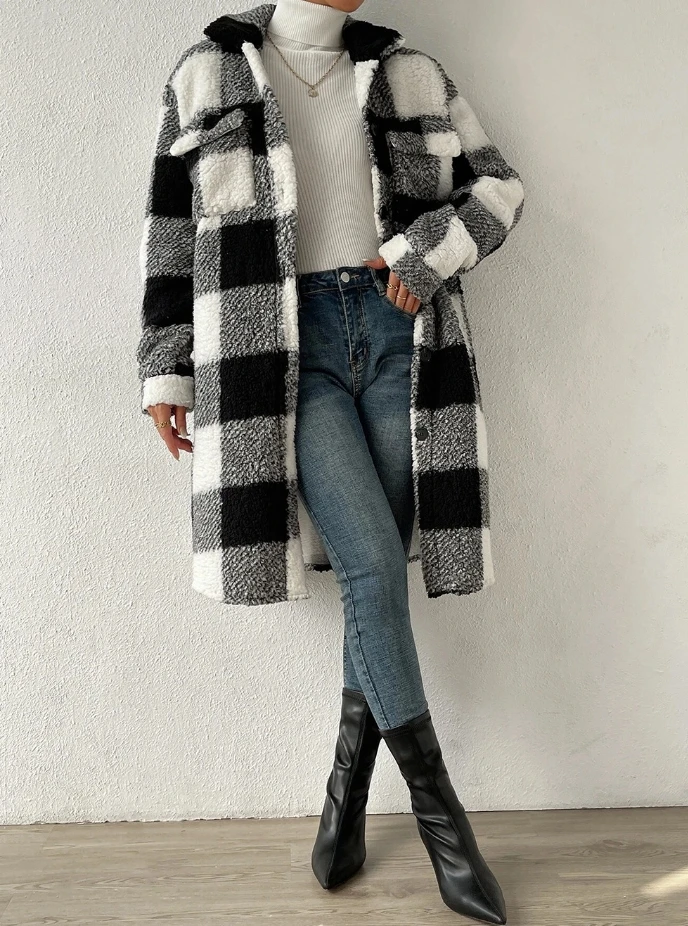 

Fashion Long Coat Fall Outfits Women 2023 Autumn Winter Spring New Open Button Lapel Plush Plaid Coat Loose Casual Commuting