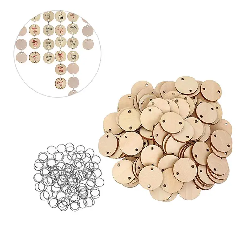 

100pcs Round Wooden Discs with Holes Calendar Tag Reminder Record Wood Chip Birthday Board Tags and 100pcs Iron Rings