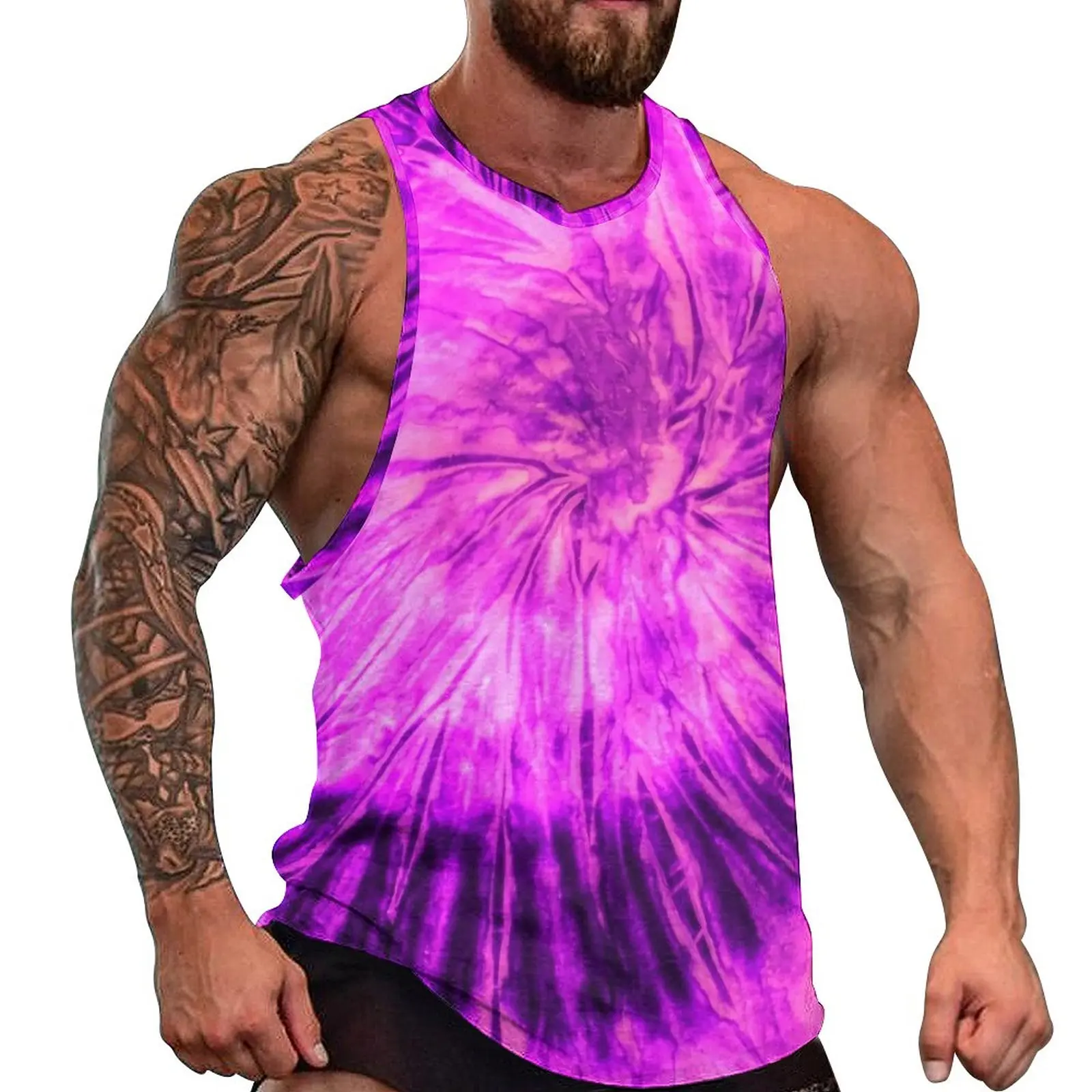 

Tie Dye Tank Top Pink And Purple Cool Tops Beach Workout Man Design Sleeveless Vests Plus Size 4XL 5XL