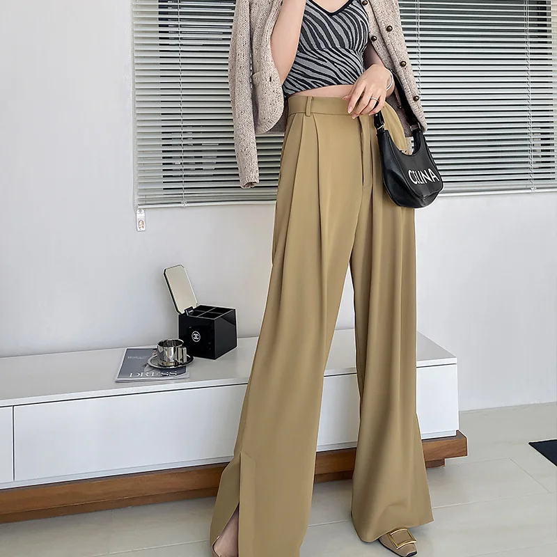 

Summer and Spring Women's High Street High-waisted Slim Drape Wide-leg Trousers with Slits Loose Wide Leg Pants