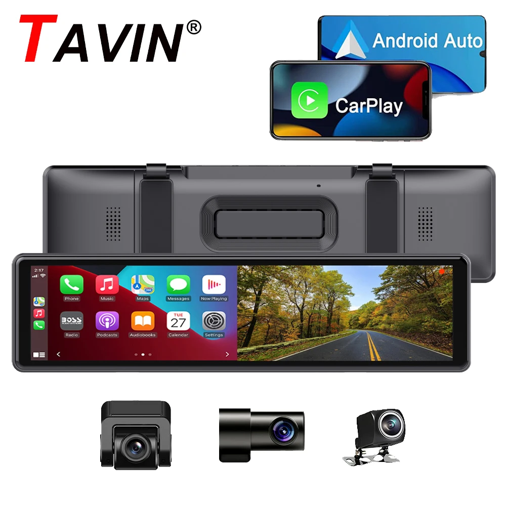 

3 Cameras Dash Cam Carplay & Android Auto 2.5k 2560*1440P Rearview Mirror Video Recording WIFI Loop Record Phone APP Car DVR