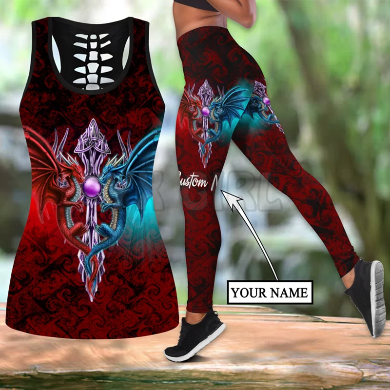 Dragon Red And Blue Custom You Name Combo  3D Printed Tank Top+Legging Combo Outfit Yoga Fitness Legging Women