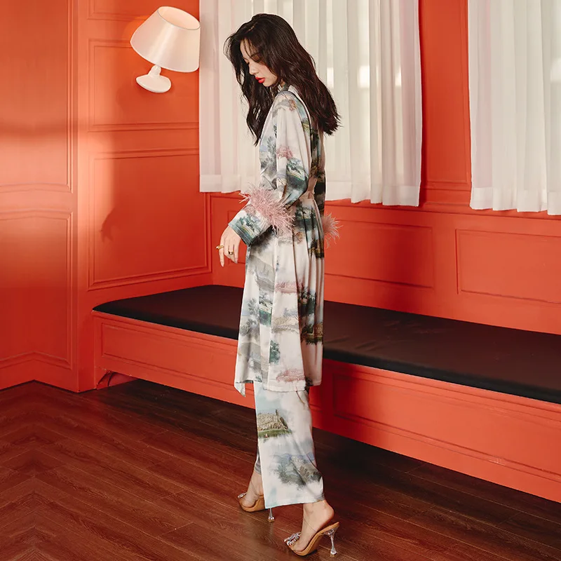 New Pajamas Women Long Sleeve Feather Ladies Ice Silk Satin Three Piece Homewear pijamas women