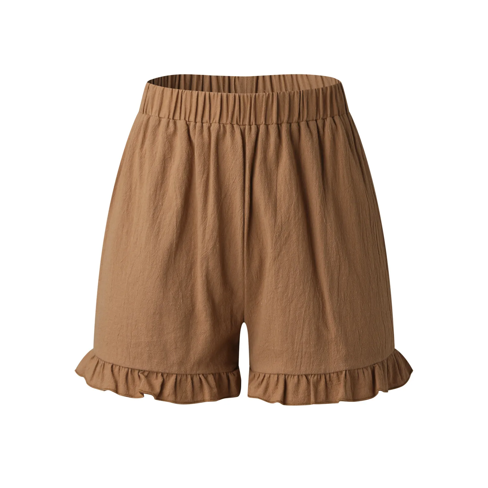 Шорты женские однотонные с оборками на подоле хлопково-льняные эластичные