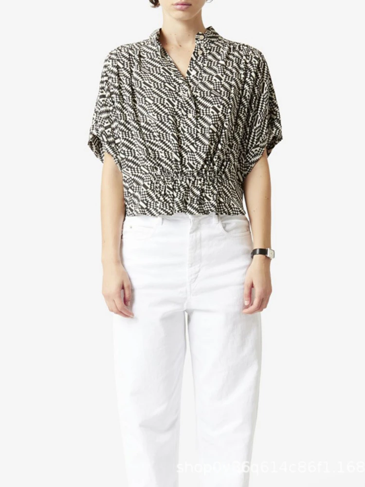 

Women Shirts Spring and Summer Black and White Plaid Print Viscose Loose Half Sleeve Ladies Casual Shirt Top