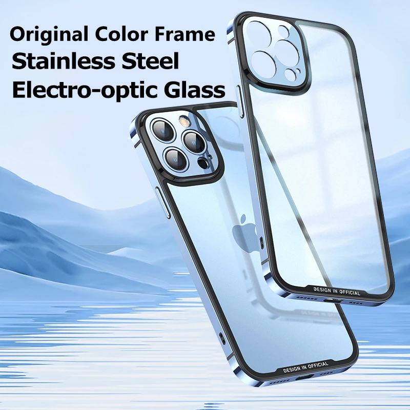 Luxury Metal Phone Cases For iPhone 12 13 Pro Max Stainless Steel Frame Transparent Matte Glass Back Cover Metal Lens Protection
