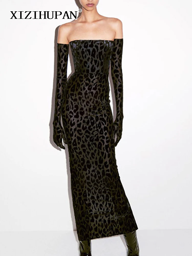 XIZIHUPAN Vintage Leopard Strapless Dresses Female Off Shoulder Long Sleeve High Waist Spliced Zipper Slim Dress For Women Style